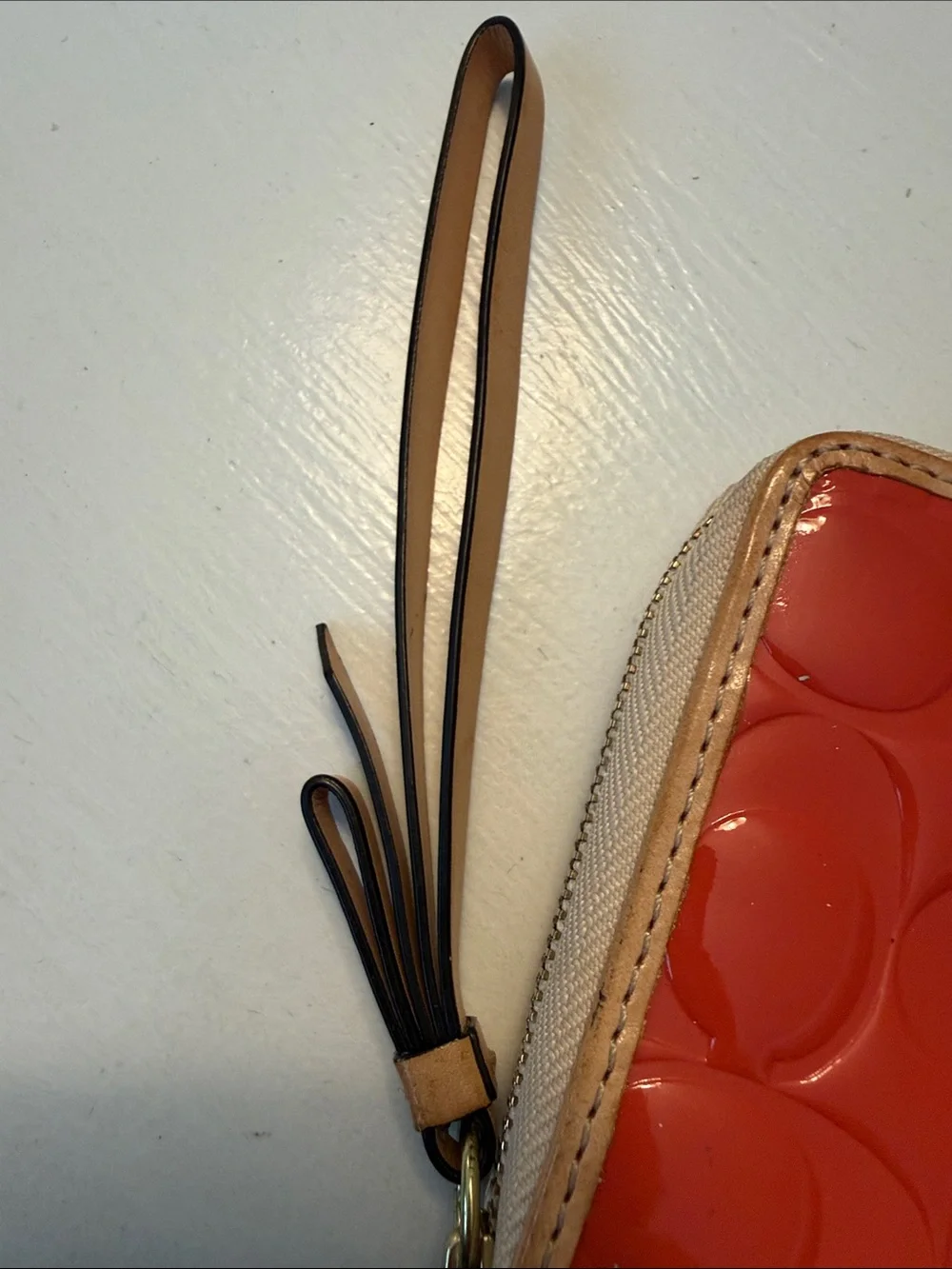 Coach Orange Patent Leather wallet Wristlet with Tan Trim